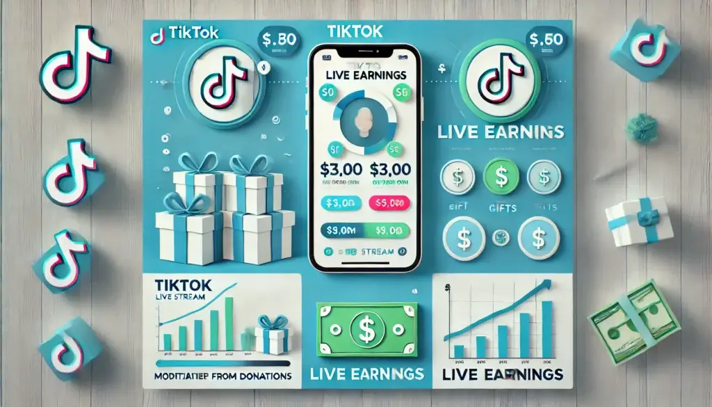 Інфографіка про заробіток в TikTok через LIVE-трансляції: телефон із стрімом, іконками подарунків і значком долара