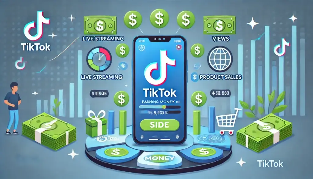 Широка інфографіка про заробіток в TikTok: смартфон із логотипом TikTok, значками долара, переглядами, аналітикою та іконками подарунків і кошика покупок. Дизайн символізує різні способи монетизації, такі як реклама, продажі та LIVE-трансляції.