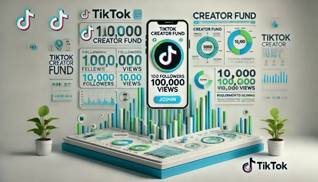 Інфографіка, що ілюструє Заробіток в TikTok, а саме Фонд для авторів TikTok із вимогами: 10 000 підписників і 100 000 переглядів.